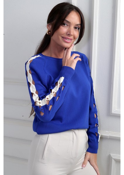 Kadın Kolu Şerit Dekolteli Triko Bluz