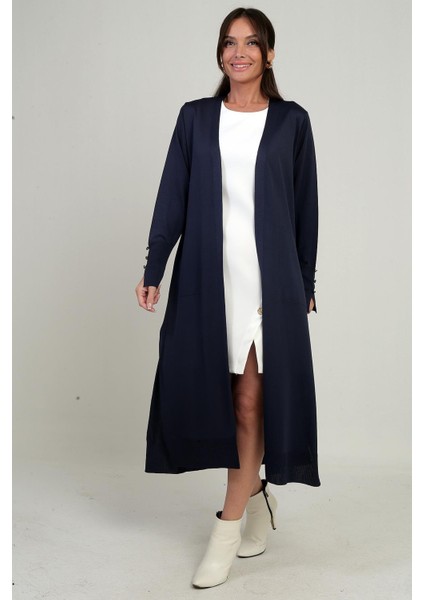 Kadın Kolları Düğme Detaylı Cepli Yanları Yırtmaaçlı Uzun Hırka fiyatları