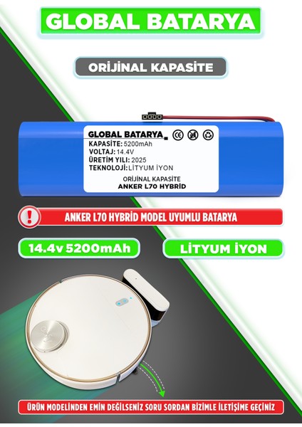 Anker Eufy Robovac L70 Hybrid Uyumlu Akıllı Robot Süpürge Bataryası 14.4V 5200MAH Li-Ion Pil (Orijinal Kapasite)