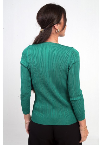 Kadın V Yaka Taş Baskı Detaylı Fitilli Triko Bluz fırsatları