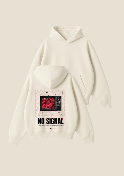 No Signal Baskılı Unisex Boxy Fit Hoodie Sweatshirt