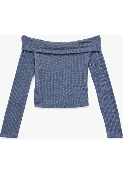 Slim Fit Uzun Kollu Saç Örgü Dokulu Omzu Açık Bluz