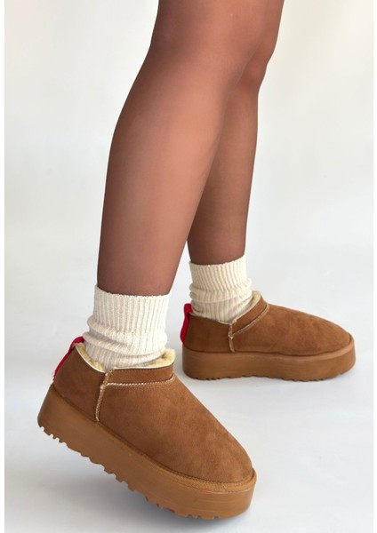 Taba Süet Kürklü Kadın Düz Bootie