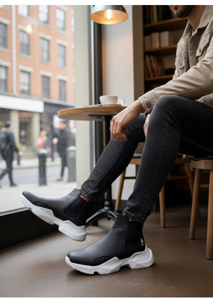 ET0444 Bağcıksız Rahat Yüksek Taban Siyah Beyaz Taban Erkek Spor Yarım Bilek Bot modelleri