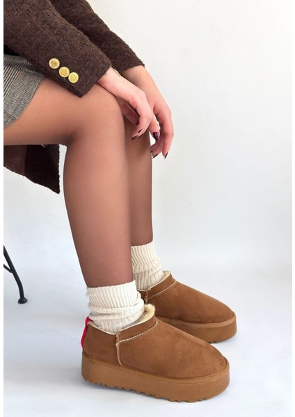 Taba Süet Kürklü Kadın Düz Bootie fiyatları