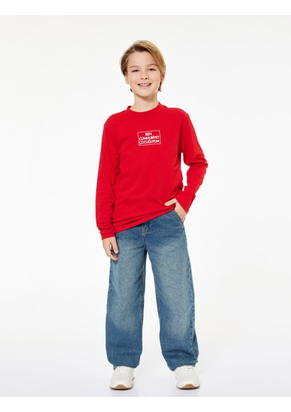 Pamuklu Uzun Kollu Bisiklet Yaka Cumhuriyet Baskılı Tişört