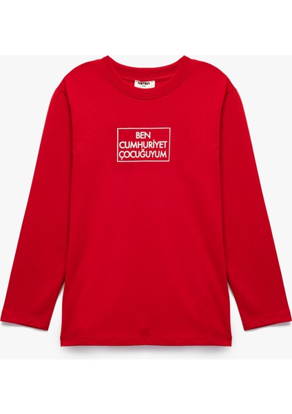 Pamuklu Uzun Kollu Bisiklet Yaka Cumhuriyet Baskılı Tişört fiyatları