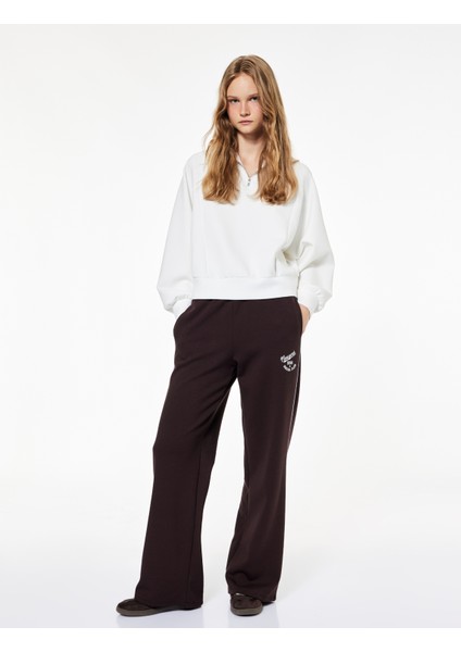 Pamuklu Şardonlu Biyeli Baskılı Beli Lastikli Geniş Paça Eşofman Altı