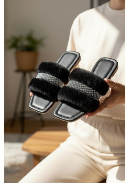 Kadın Günlük Terlik Peluş Içi Yünlü Kürklü Terlik Misafir Çeyiz Bohça Gelin Ev Terliği