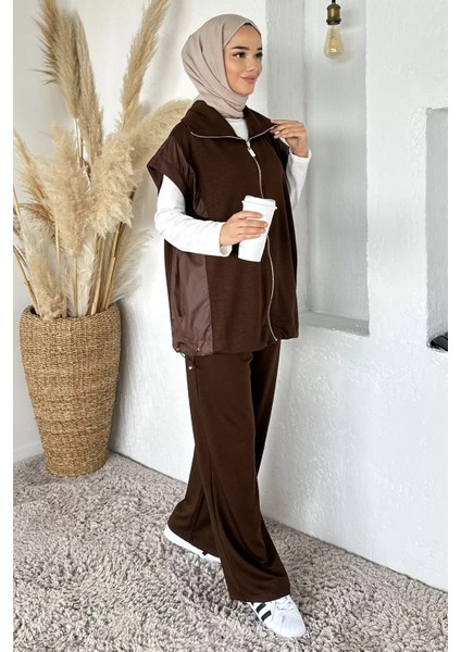 Gold Fermuarlı Garnili Yelek Bel Lastikli Pantolon Tesettür Ikili Takım P-00018916 fiyatları