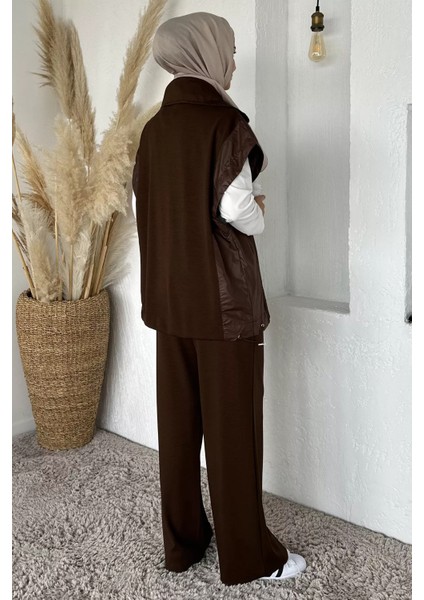 Gold Fermuarlı Garnili Yelek Bel Lastikli Pantolon Tesettür Ikili Takım P-00018916 modelleri