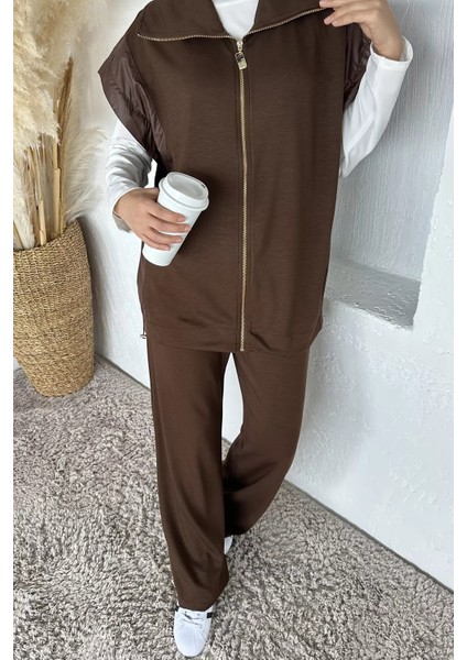 Gold Fermuarlı Garnili Yelek Bel Lastikli Pantolon Tesettür Ikili Takım P-00018916 fırsatları