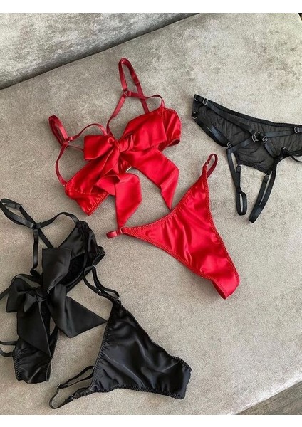 Saten Fiyonk Detaylı Ayarlanabilir Askılı Ikili Tanga Set – Kırmızı / Siyah fiyatları