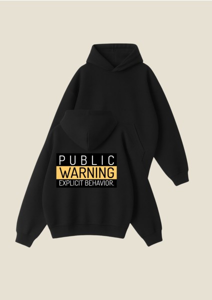 Public Warning Baskılı Siyah Unisex Boxy Fit Hoodie Sweatshirt
