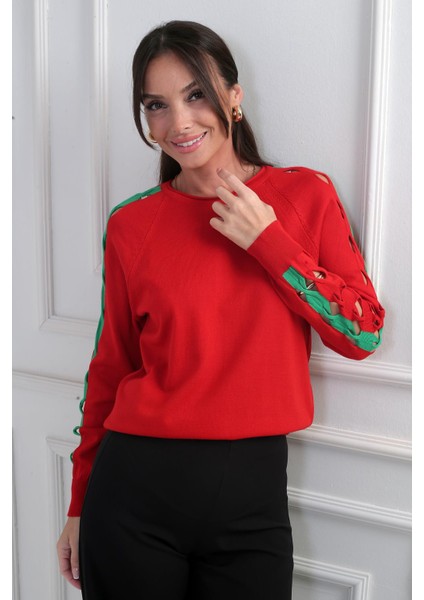 Kadın Kolu Şerit Dekolteli Triko Bluz