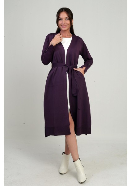 Kadın Kolları Düğme Detaylı Cepli Yanları Yırtmaaçlı Uzun Hırka modelleri