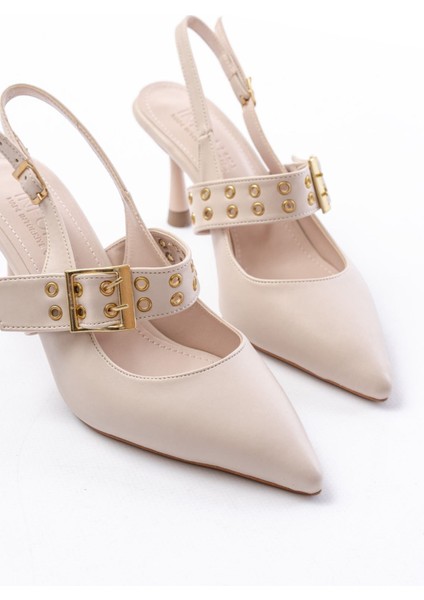 İNF-260 Bej Günlük Arkası Açık Baret Tokalı Topuklu Bayan Ayakkabı fırsatları