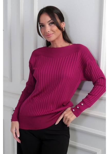 Kadın Kol Düğme Detaylı Fitilli Triko Bluz