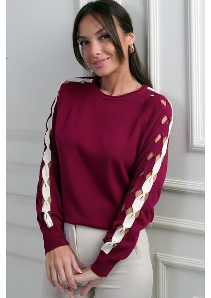 Kadın Kolu Şerit Dekolteli Triko Bluz