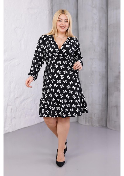 Kadın Siyah Kurdele Desen Kruvaze Yaka Esnek Bel Büyük Beden Elbise