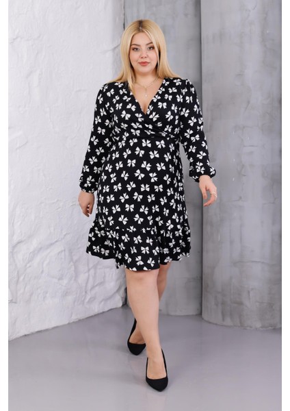 Kadın Siyah Kurdele Desen Kruvaze Yaka Esnek Bel Büyük Beden Elbise fiyatları