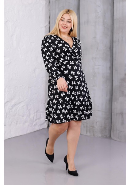 Kadın Siyah Kurdele Desen Kruvaze Yaka Esnek Bel Büyük Beden Elbise modelleri