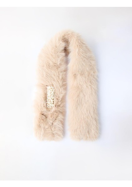 Bej Inci Detaylı Peluş Atkı