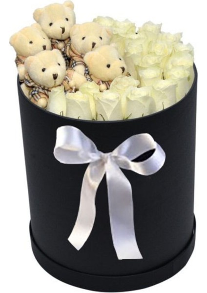 Siyah Silindir Kutuda Gerçek Görünümlü Yapay Kadife Güller ve Peluş Ayıcıklar