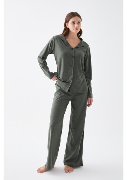 Kadın Haki Düğmeli Pamuklu Pijama Takımı fiyatları