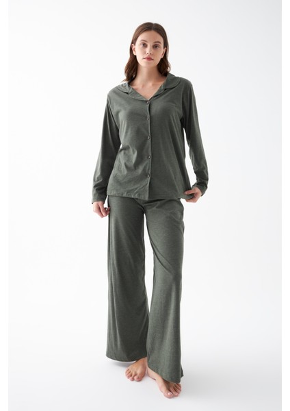 Kadın Haki Düğmeli Pamuklu Pijama Takımı modelleri