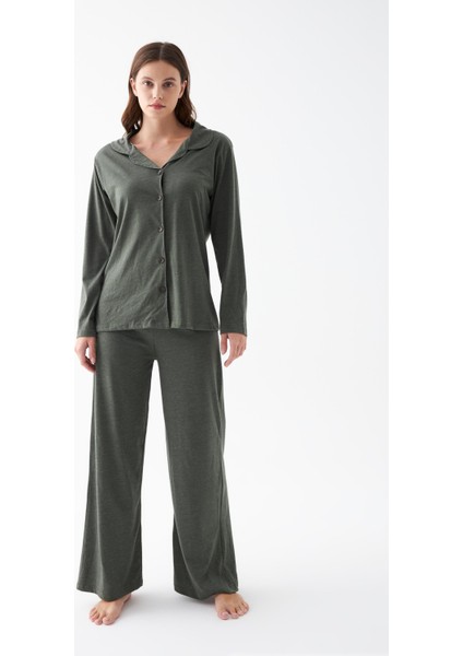 Kadın Haki Düğmeli Pamuklu Pijama Takımı indirimleri