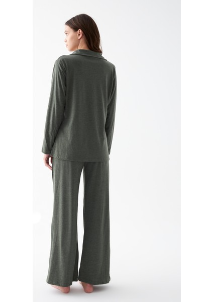 Kadın Haki Düğmeli Pamuklu Pijama Takımı