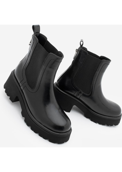 Kadın Kalın Topuklu Aksesuar Fermuarlı Lastikli Günlük Bot Fenros Siyah