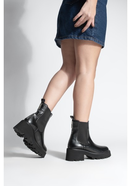 Kadın Kalın Topuklu Aksesuar Fermuarlı Lastikli Günlük Bot Fenros Siyah fırsatları