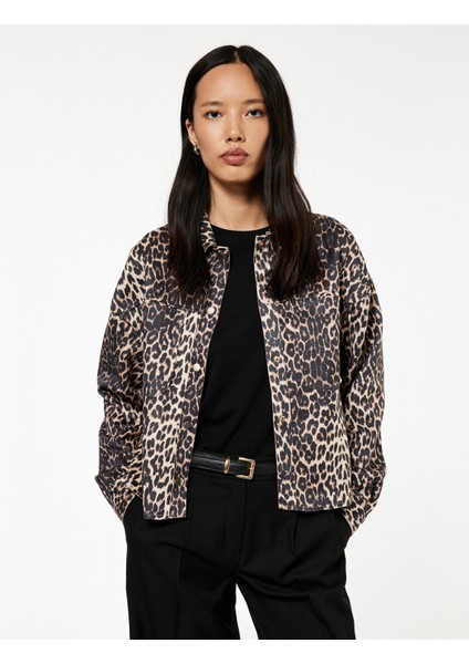 Uzun Kollu Leopar Desenli Suni Süet Ceket