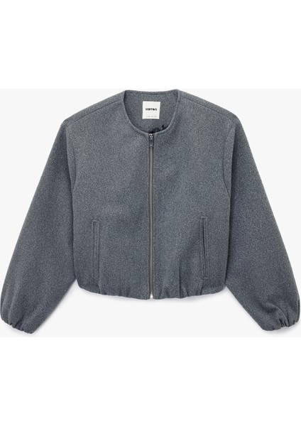 Uzun Kollu Cepli Yuvarlak Yaka Fermuarlı Crop Bomber Kaşe Ceket fırsatları