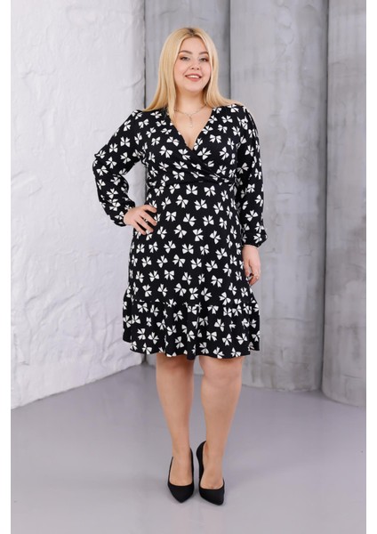 Kadın Siyah Kurdele Desen Kruvaze Yaka Esnek Bel Büyük Beden Elbise fırsatları