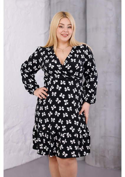 Kadın Siyah Kurdele Desen Kruvaze Yaka Esnek Bel Büyük Beden Elbise indirimleri