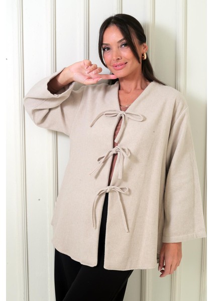 Kadın Önü Bağcıklı 3 Iplik Kaşe Hırka