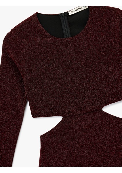 Uzun Kollu Bisiklet Yaka Simli Pencere Detaylı Mini Elbise modelleri