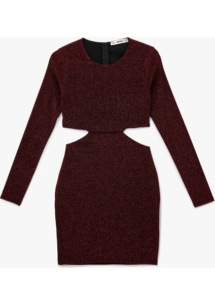 Uzun Kollu Bisiklet Yaka Simli Pencere Detaylı Mini Elbise