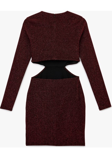 Uzun Kollu Bisiklet Yaka Simli Pencere Detaylı Mini Elbise fiyatları
