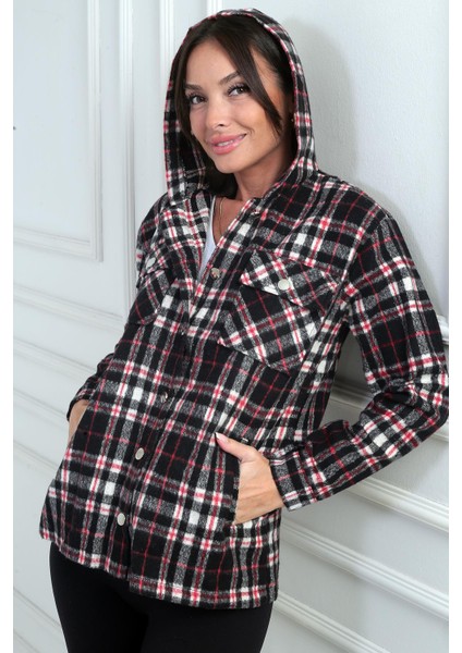 Kadın Kapüşonlu Ekose Desenli Metal Düğmeli Cepli Gömlek fiyatları