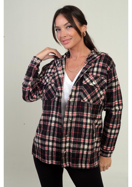 Kadın Kapüşonlu Ekose Desenli Metal Düğmeli Cepli Gömlek modelleri