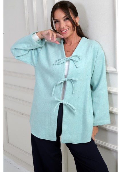 Kadın Önü Bağcıklı 3 Iplik Kaşe Hırka