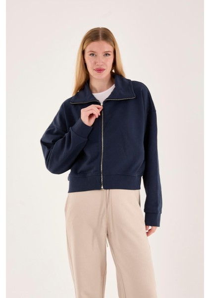 %100 Pamuk Fermuarlı Yüksek Yakalı Kadın Sweatshirt