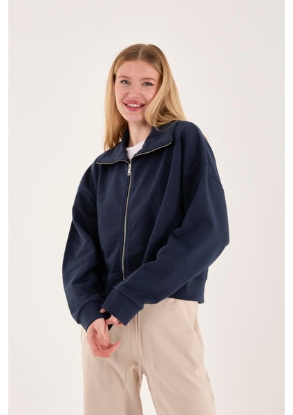 %100 Pamuk Fermuarlı Yüksek Yakalı Kadın Sweatshirt modelleri