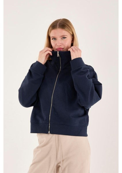 %100 Pamuk Fermuarlı Yüksek Yakalı Kadın Sweatshirt fırsatları