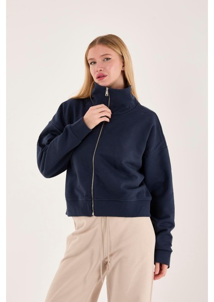 %100 Pamuk Fermuarlı Yüksek Yakalı Kadın Sweatshirt indirimleri