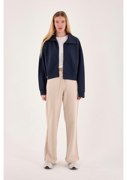 %100 Pamuk Fermuarlı Yüksek Yakalı Kadın Sweatshirt